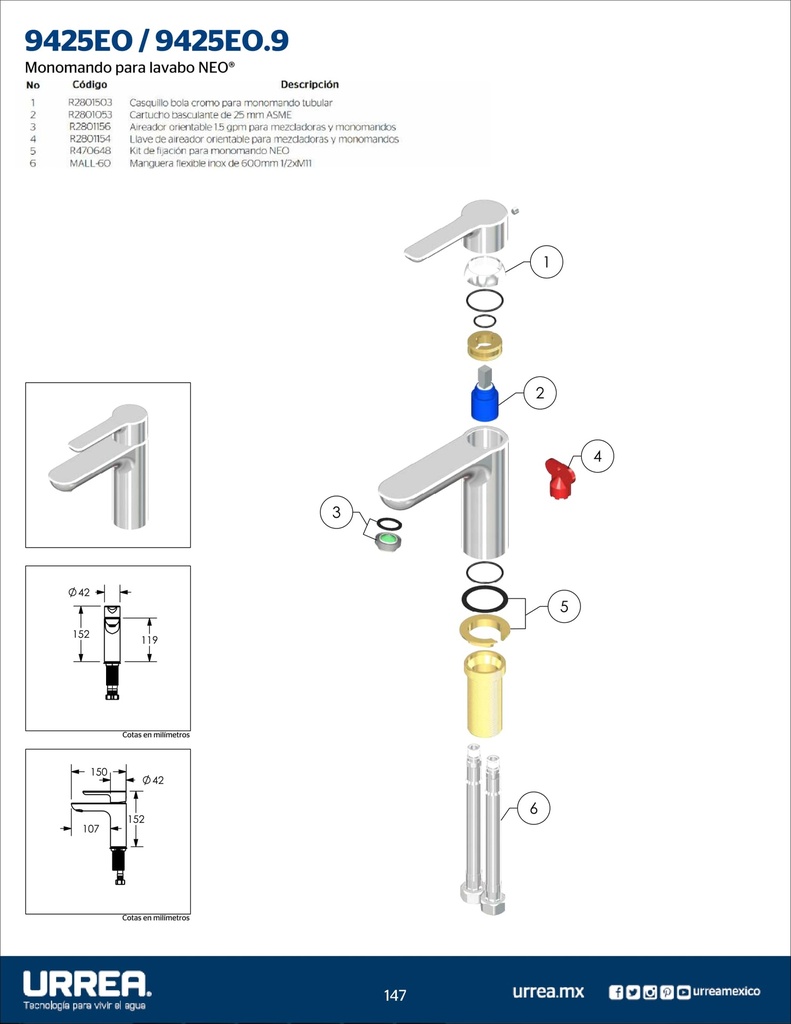 MONOMANDO PARA LAVABO CORTO NEO CROMO 9425EO URREA