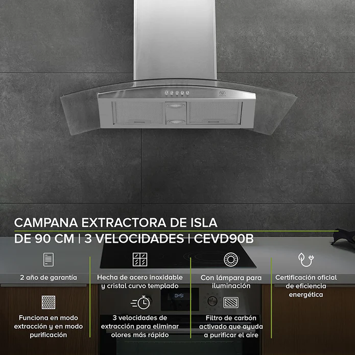 CAMPANA DE ISLA AC INOX Y CRISTAL TEMPLADO 90CM F-CEVD90B AVERA