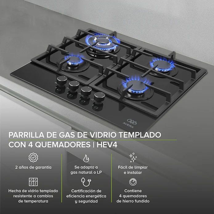PARRILLA DE GAS 4 QUEMADORES CON CUBIERTA DE VIDRIO TEMPLADO NEGRO F-HEV4