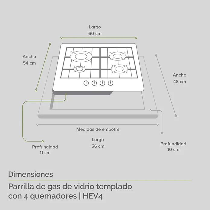 PARRILLA DE GAS 4 QUEMADORES CON CUBIERTA DE VIDRIO TEMPLADO NEGRO F-HEV4
