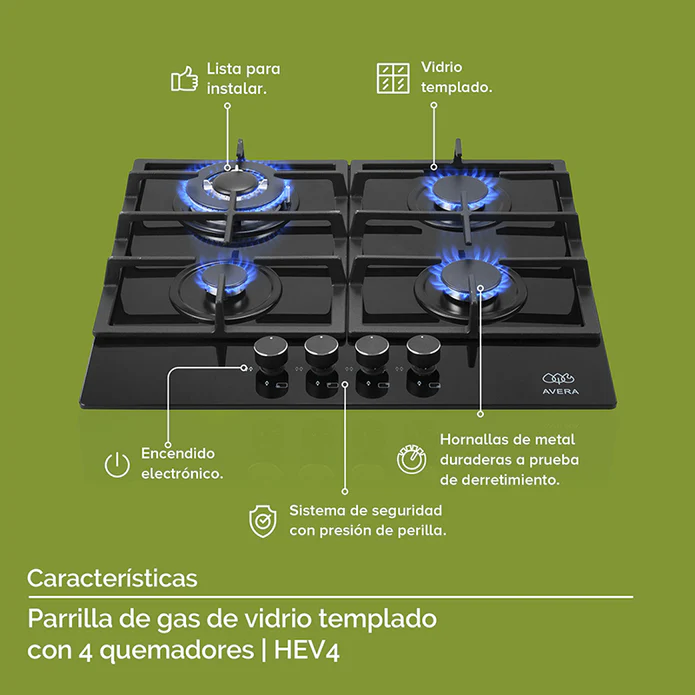 PARRILLA DE GAS 4 QUEMADORES CON CUBIERTA DE VIDRIO TEMPLADO NEGRO F-HEV4