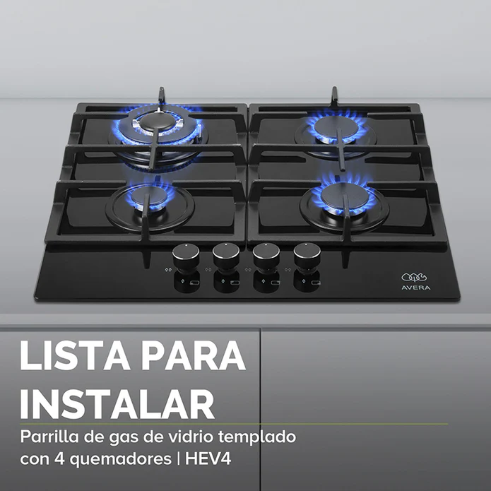 PARRILLA DE GAS 4 QUEMADORES CON CUBIERTA DE VIDRIO TEMPLADO NEGRO F-HEV4