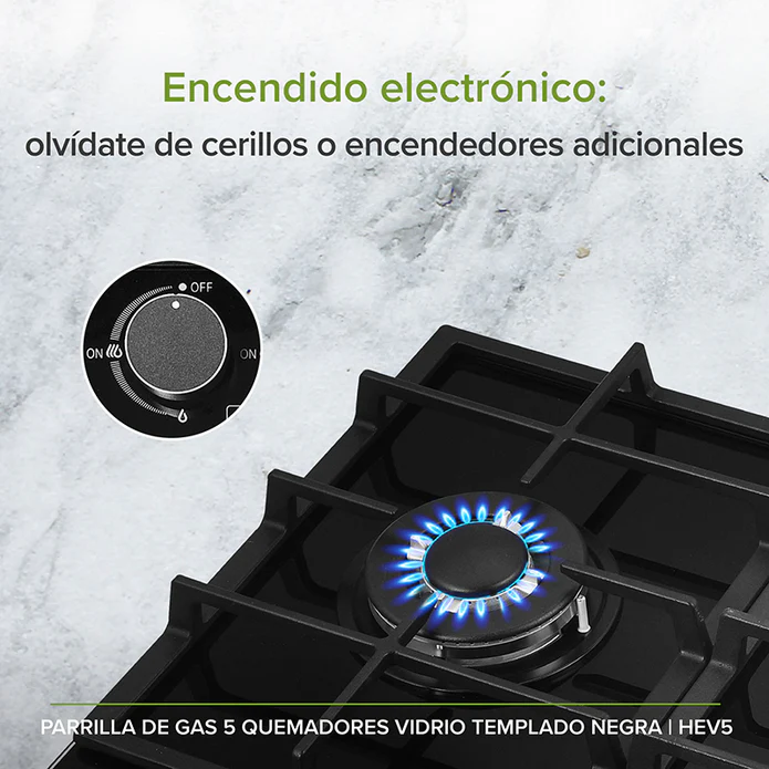 PARRILLAS DE GAS 5 QUEMADORES CON CUBIERTA DE VIDRIO TEMPLADO NEGRO F-HEV5 AVERA