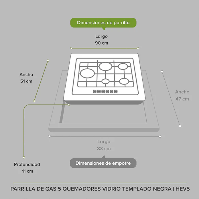 PARRILLAS DE GAS 5 QUEMADORES CON CUBIERTA DE VIDRIO TEMPLADO NEGRO F-HEV5 AVERA