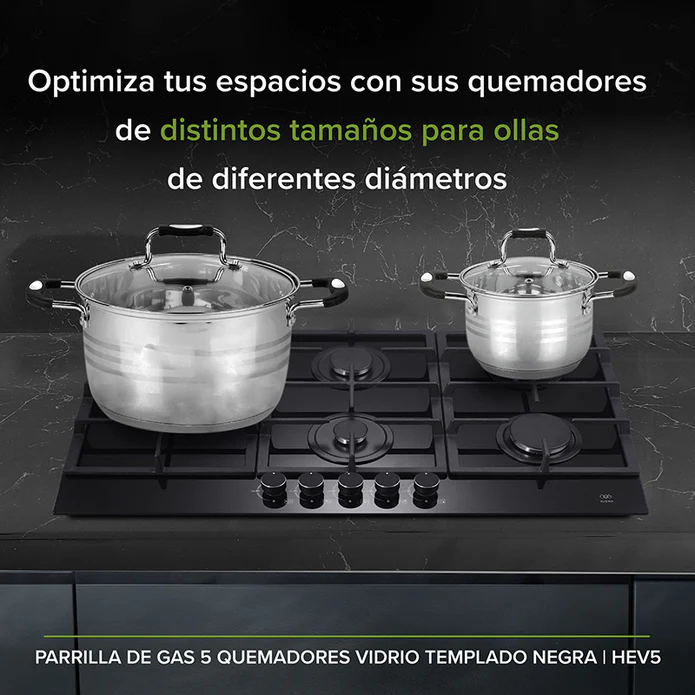 PARRILLAS DE GAS 5 QUEMADORES CON CUBIERTA DE VIDRIO TEMPLADO NEGRO F-HEV5 AVERA