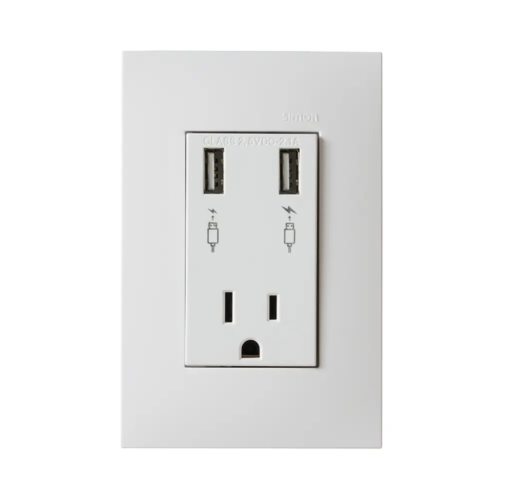 TOMA CORRIENTE 2P+T CON 2 CARGADORES USB 2.1A PLACA 3 MODULOS SIMON 25