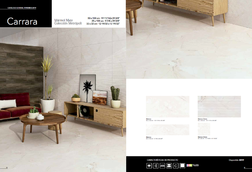 PISO DECO CARRARA MT BIANCO 50X100 CM 1.5 M2/CAJA RECTIFICADO VITROMEX