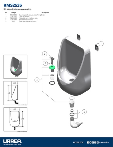 [0504FKMS2535] KIT MINGITORIO SECO CERAMICO BLANCO F-KMS2535 URREA